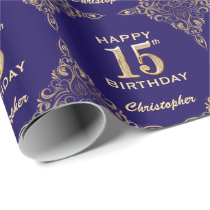 15th Birthday Navy Blue and Gold Glitter Frame Wrapping Paper