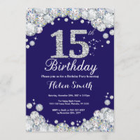 15th Birthday Navy Blue and Silver Diamond