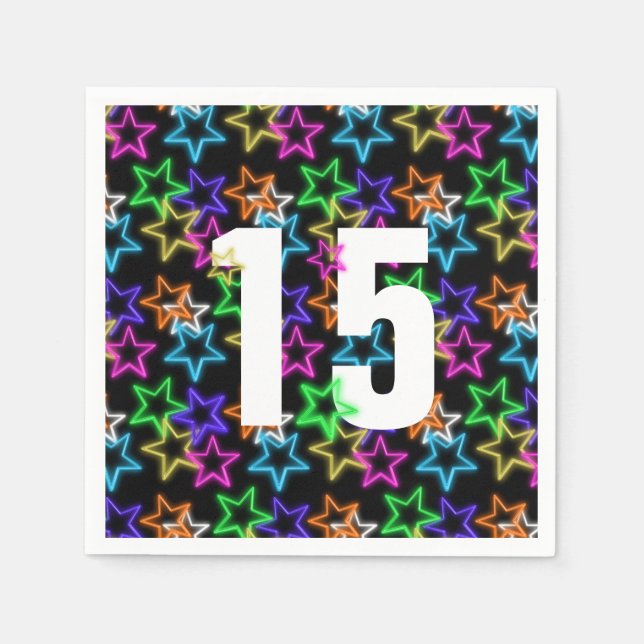 15th Birthday Neon Stars On Black  Napkin (Front)