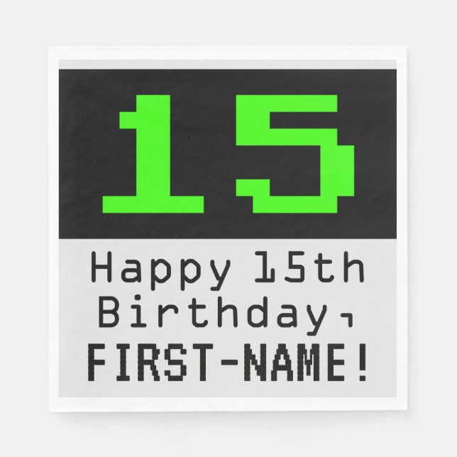 15th Birthday - Nerdy / Geeky Style "15" & Name Napkin (Front)
