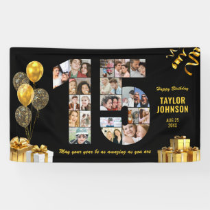 15th Birthday Number 15 Photo Collage Black Gold Banner