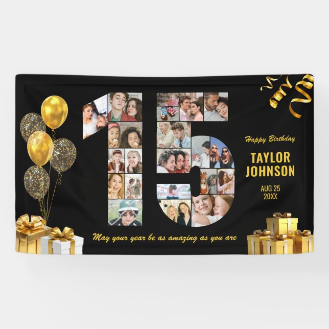 15th Birthday Number 15 Photo Collage Black Gold Banner (Horizontal)