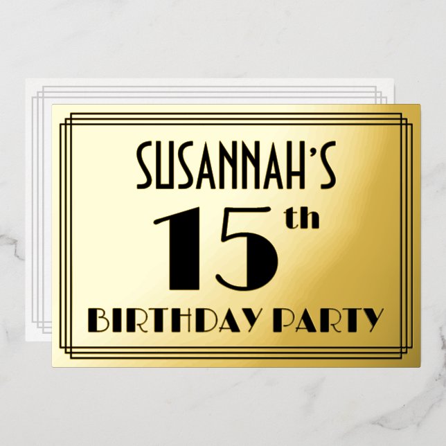 15th Birthday Party — Art Deco Look “15” + Name (Front/Back)