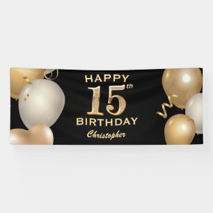 15th Birthday Party Black and Gold Balloons Banner