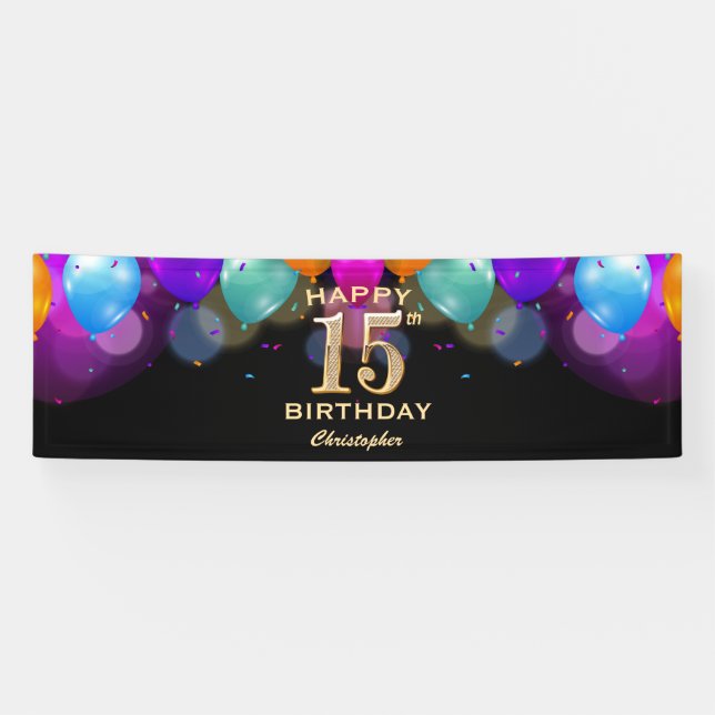 15th Birthday Party Black and Gold Balloons Banner (Horizontal)