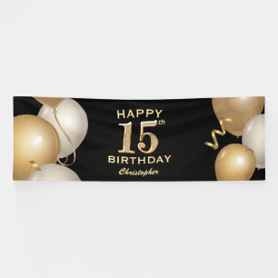 15th Birthday Party Black and Gold Balloons Banner