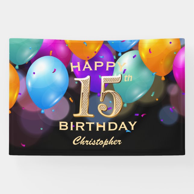 15th Birthday Party Black and Gold Balloons Banner (Horizontal)