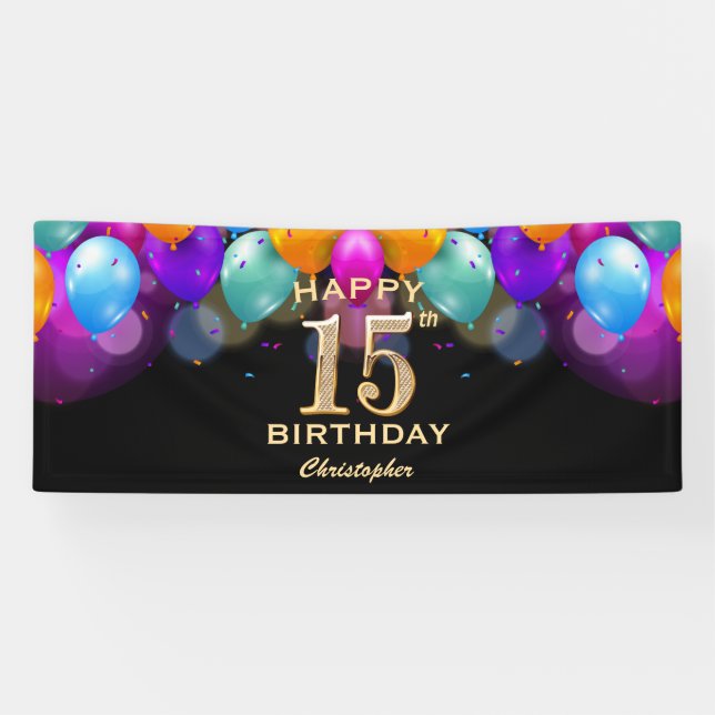 15th Birthday Party Black and Gold Balloons Banner (Horizontal)