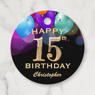15th Birthday Party Black and Gold Balloons Favour Tags