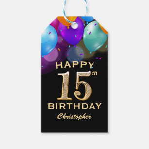 15th Birthday Party Black and Gold Balloons Gift Tags