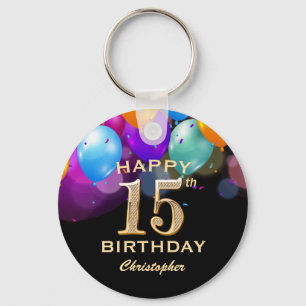 15th Birthday Party Black and Gold Balloons Key Ring