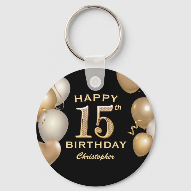 15th Birthday Party Black and Gold Balloons Key Ring (Front)