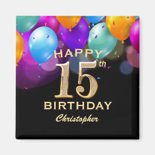 15th Birthday Party Black and Gold Balloons Magnet
