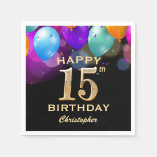 15th Birthday Party Black and Gold Balloons Napkin
