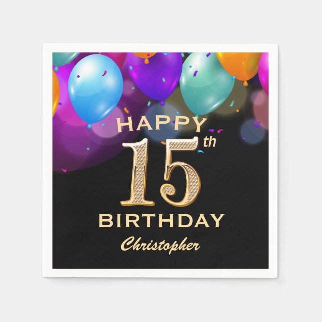 15th Birthday Party Black and Gold Balloons Napkin (Front)