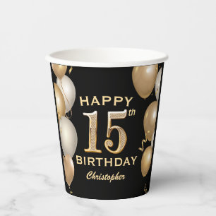 15th Birthday Party Black and Gold Balloons Paper Cups
