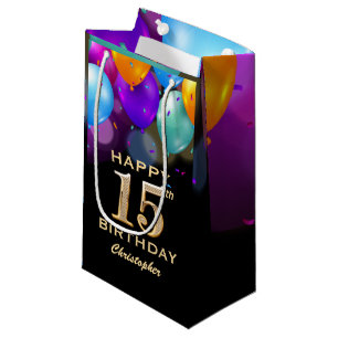15th Birthday Party Black and Gold Balloons Small Gift Bag