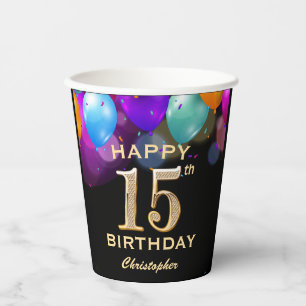 15th Birthday Party Black and Gold Confetti Paper Cups