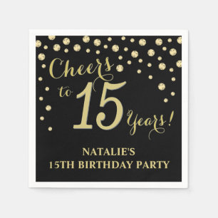 15th Birthday Party Black and Gold Diamond Napkins