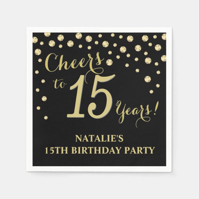 15th Birthday Party Black and Gold Diamond Napkins (Front)