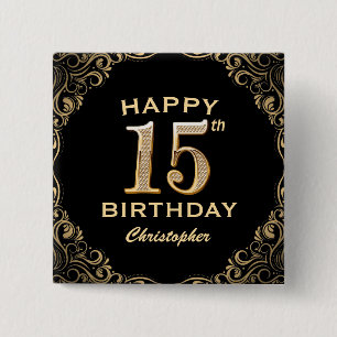 15th Birthday Party Black and Gold Glitter Frame 15 Cm Square Badge