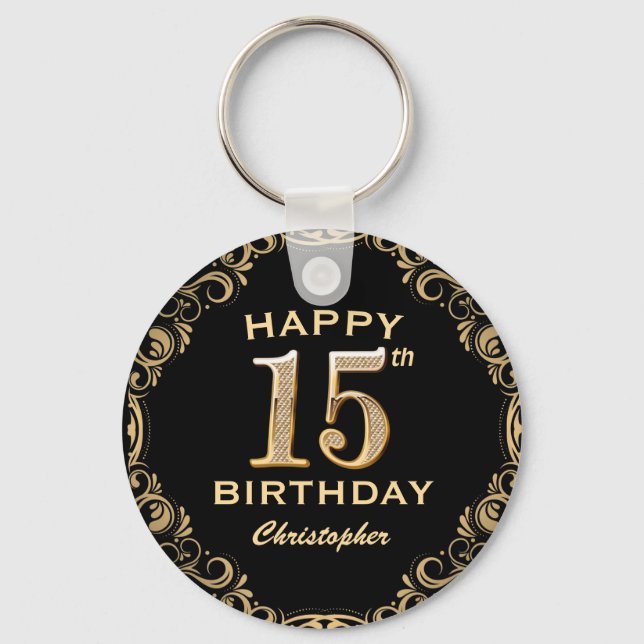 15th Birthday Party Black and Gold Glitter Frame Key Ring (Front)