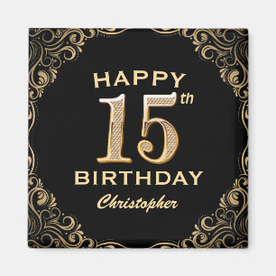15th Birthday Party Black and Gold Glitter Frame Magnet