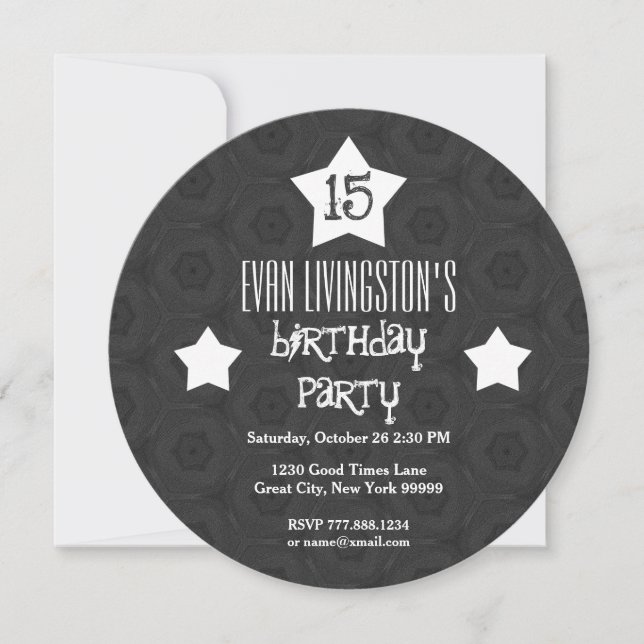 15th Birthday Party Black Circle White Stars W10D Invitation (Front)