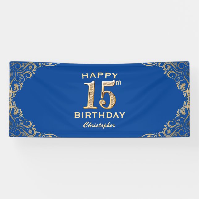 15th Birthday Party Blue and Gold Glitter Frame Banner (Horizontal)