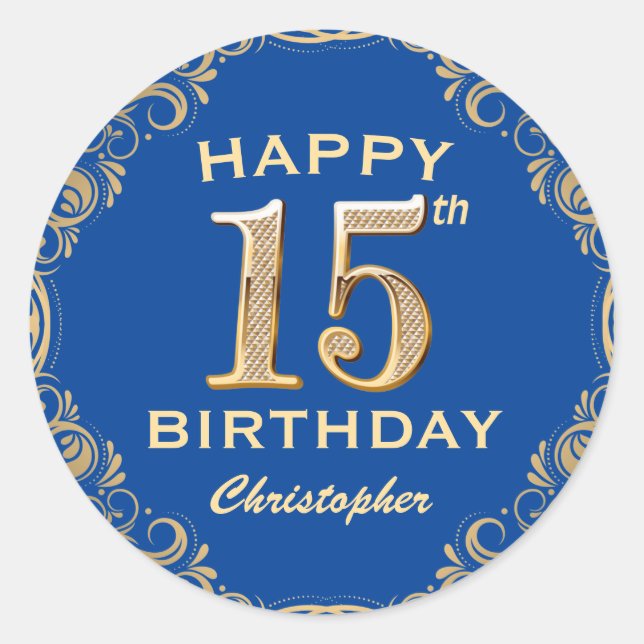15th Birthday Party Blue and Gold Glitter Frame Classic Round Sticker (Front)