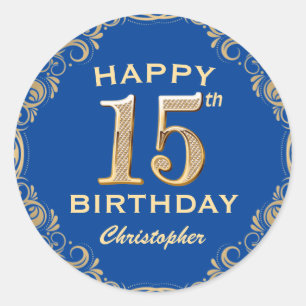 15th Birthday Party Blue and Gold Glitter Frame Classic Round Sticker