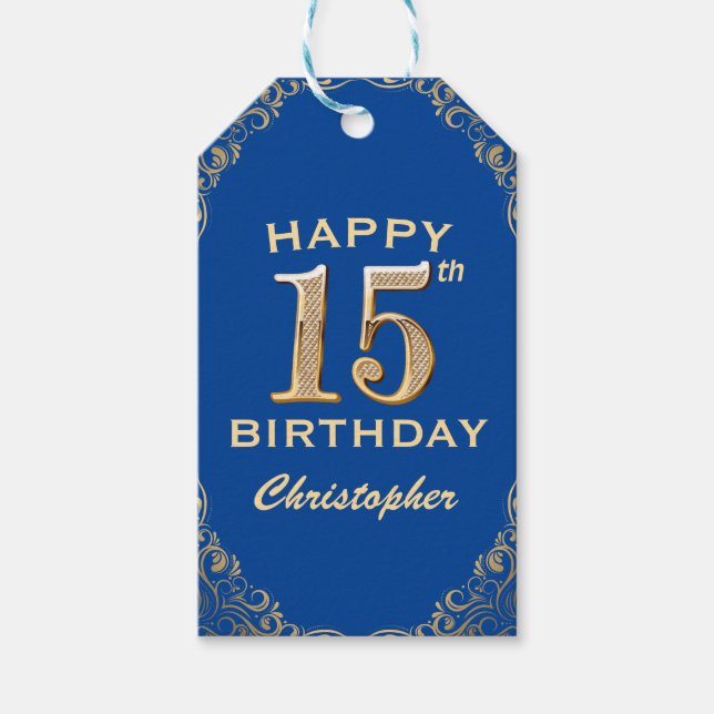 15th Birthday Party Blue and Gold Glitter Frame Gift Tags (Front)
