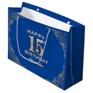 15th Birthday Party Blue and Gold Glitter Frame Large Gift Bag