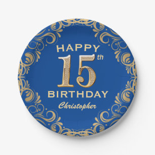 15th Birthday Party Blue and Gold Glitter Frame Paper Plate