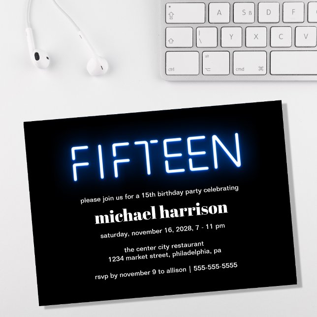 15th Birthday Party Blue Neon Lights Invitation (Creator Uploaded)