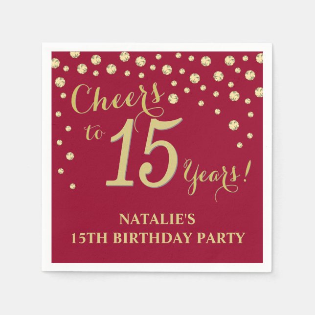 15th Birthday Party Burgundy Red and Gold Diamond Napkin (Front)