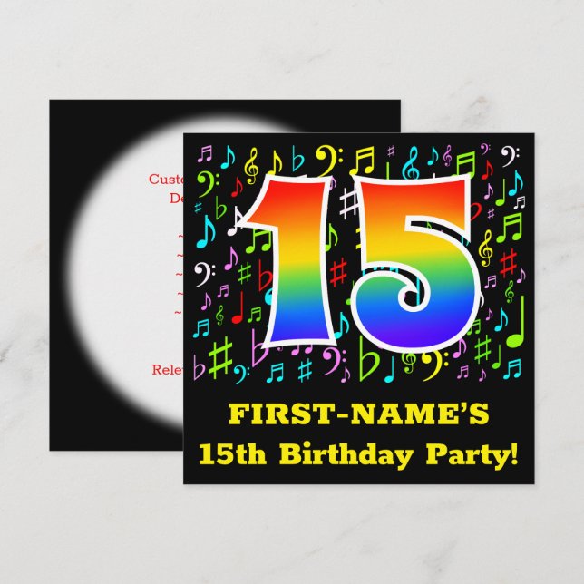 15th Birthday Party: Fun Music Symbols, Rainbow 15 Invitation (Front/Back)