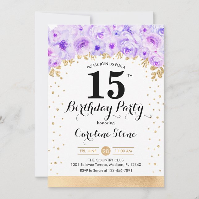 15th Birthday Party - Gold Purple Flowers Invitation (Front)