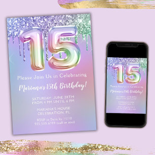 15th Birthday Party Invitation Purple Pink Glitter