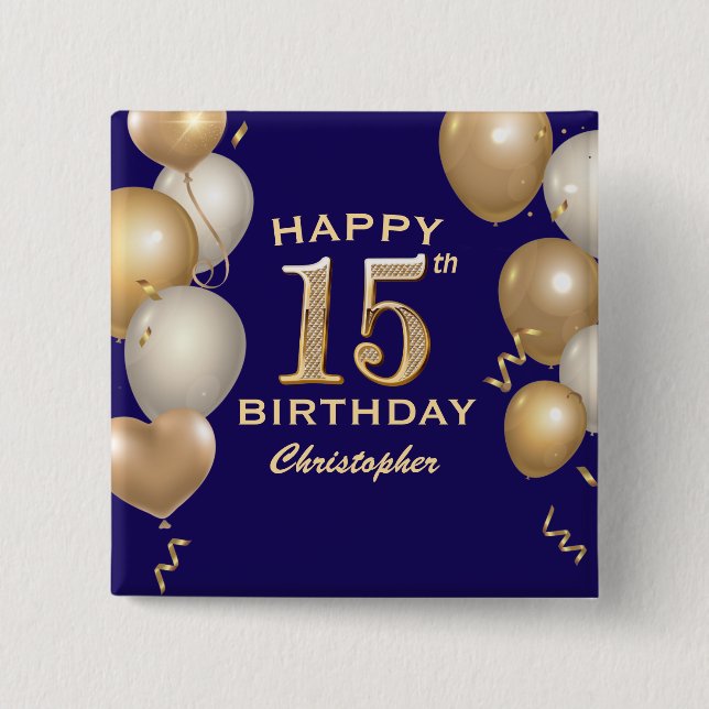 15th Birthday Party Navy Blue and Gold Balloons 15 Cm Square Badge (Front)