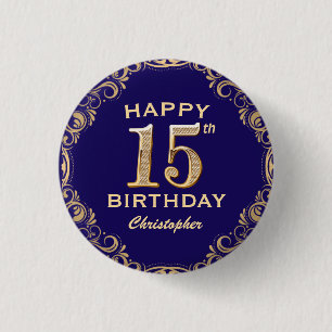 15th Birthday Party Navy Blue and Gold Glitter 3 Cm Round Badge