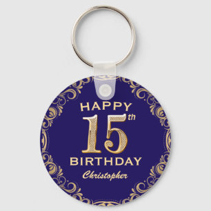 15th Birthday Party Navy Blue and Gold Glitter Key Ring
