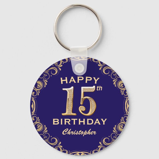 15th Birthday Party Navy Blue and Gold Glitter Key Ring (Front)