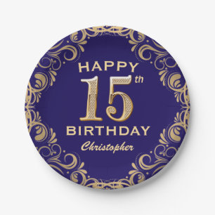 15th Birthday Party Navy Blue and Gold Glitter Paper Plate