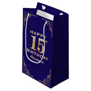 15th Birthday Party Navy Blue and Gold Glitter Small Gift Bag