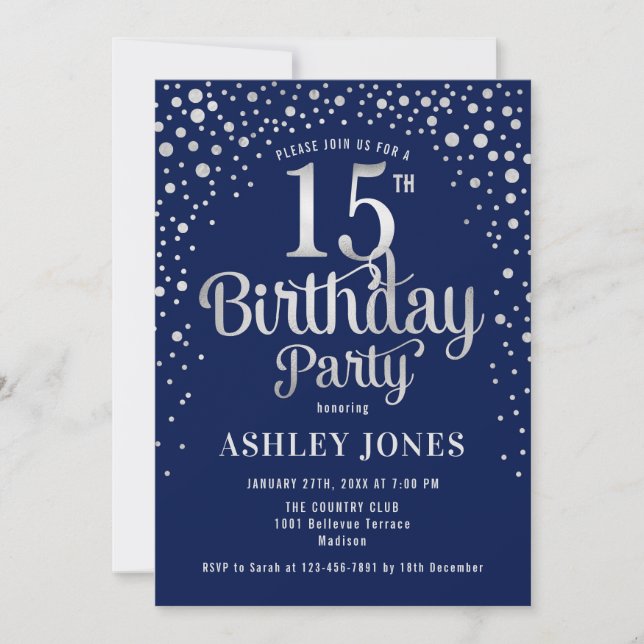 15th Birthday Party - Navy & Silver Invitation (Front)