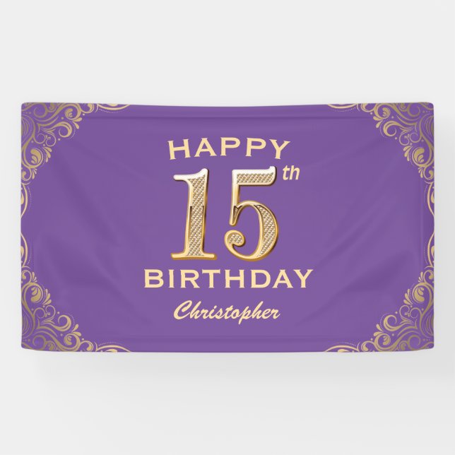 15th Birthday Party Purple and Gold Glitter Frame Banner (Horizontal)