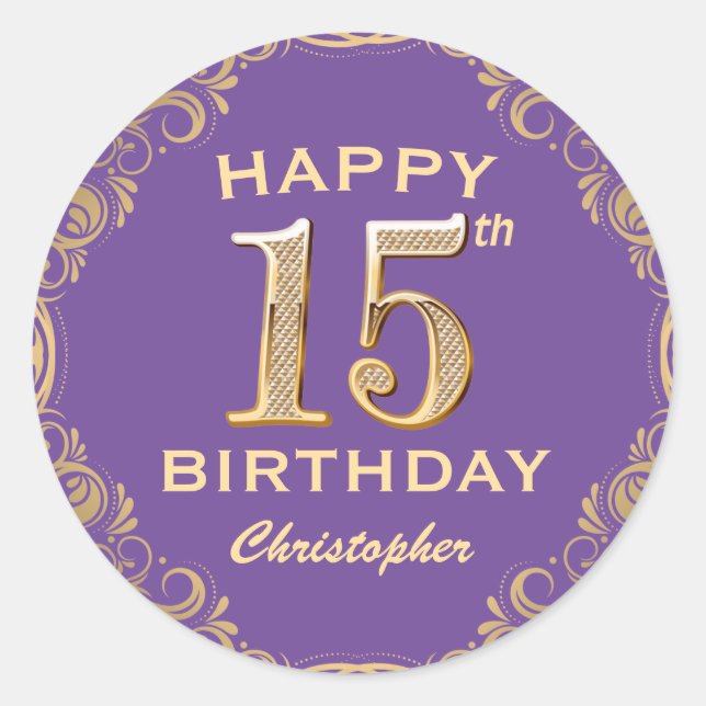 15th Birthday Party Purple and Gold Glitter Frame Classic Round Sticker (Front)
