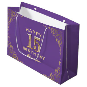 15th Birthday Party Purple and Gold Glitter Frame Large Gift Bag