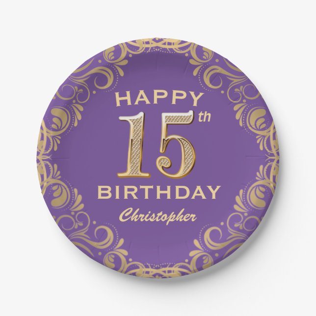 15th Birthday Party Purple and Gold Glitter Frame Paper Plate (Front)